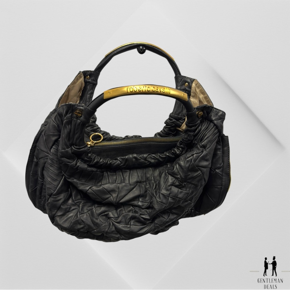 Roberto Cavalli Purse Black Leather Stitching Design 2 Hard Handle Hobo Large